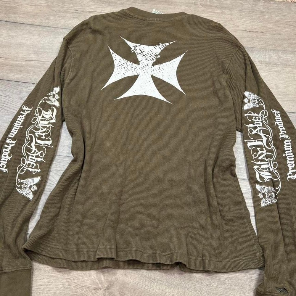 Black Label Thermal Shirt Mens XL Brown Gothic Iron Cross Long Sleeve Waffle